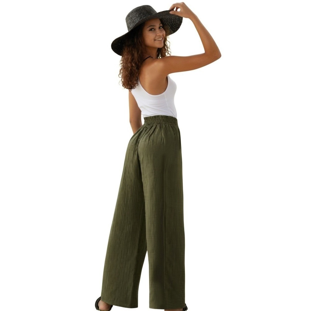 NOFLICK NWT Olive 100% Cotton Wide Leg Smocked Waist Relaxed Flowy Pants‎ XL